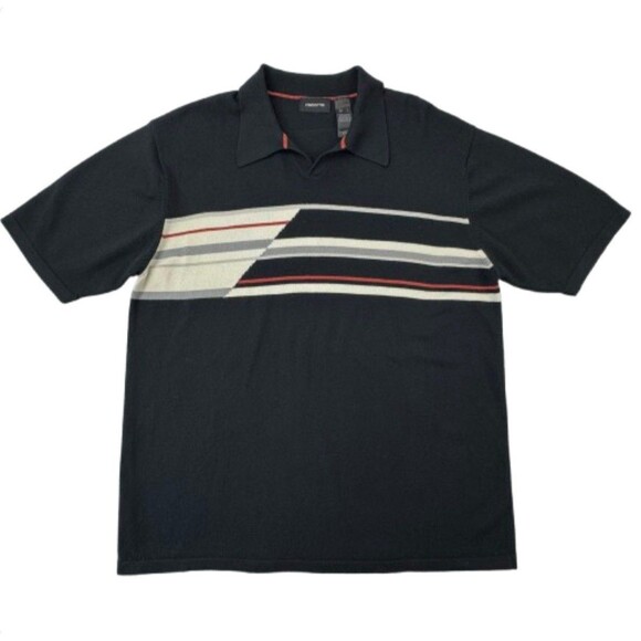 Claiborne Vintage 90s Knit Polo Shirt Black Beige Red Striped Retro Size L - Picture 1 of 8